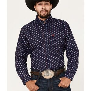Ariat Naussen Texas Star Print Blue Button Down Mens Western Shirt Size XS